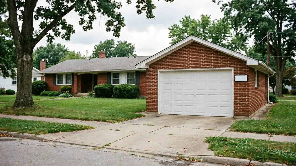 A white paneled garage door is on a brick house with a green lawn.