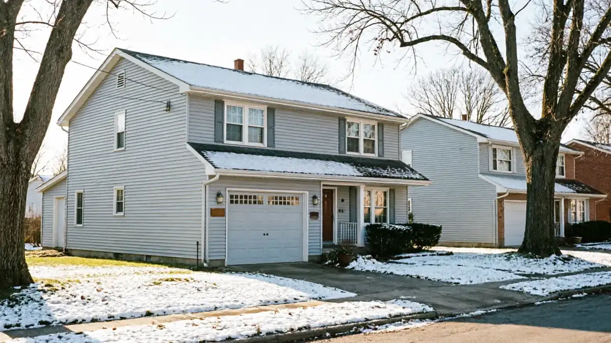 A light gray house with a white garage door and snow on the roof.