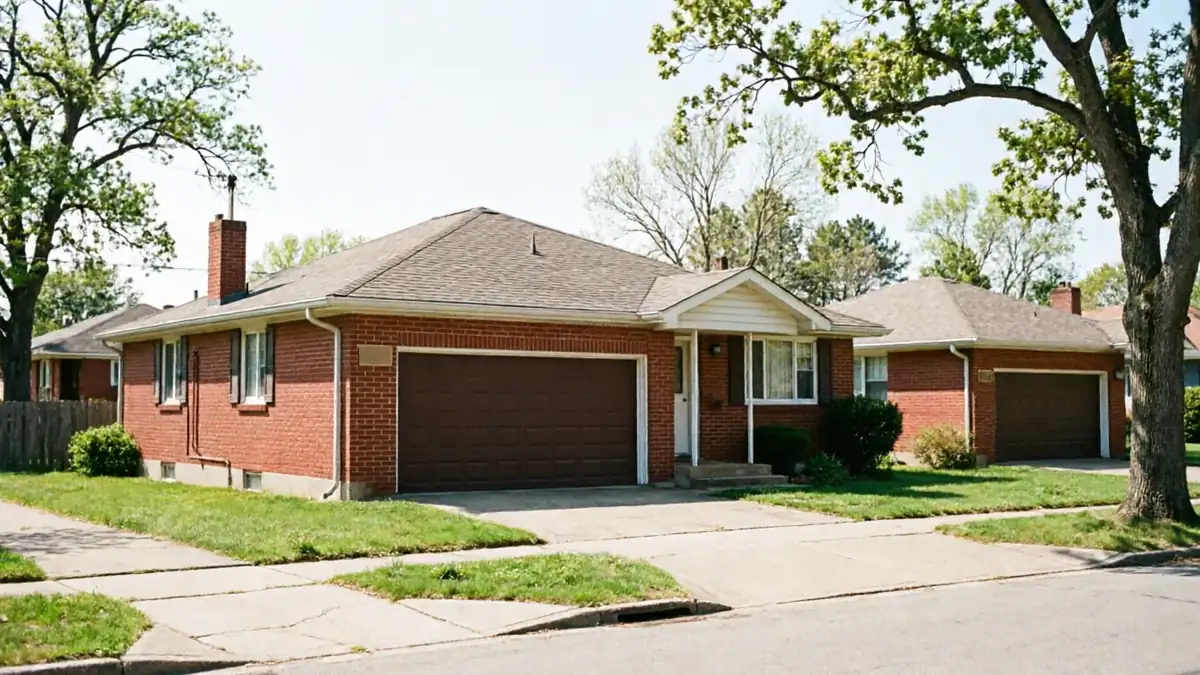 Two red brick houses with brown garage doors and green lawns are visible from the street.