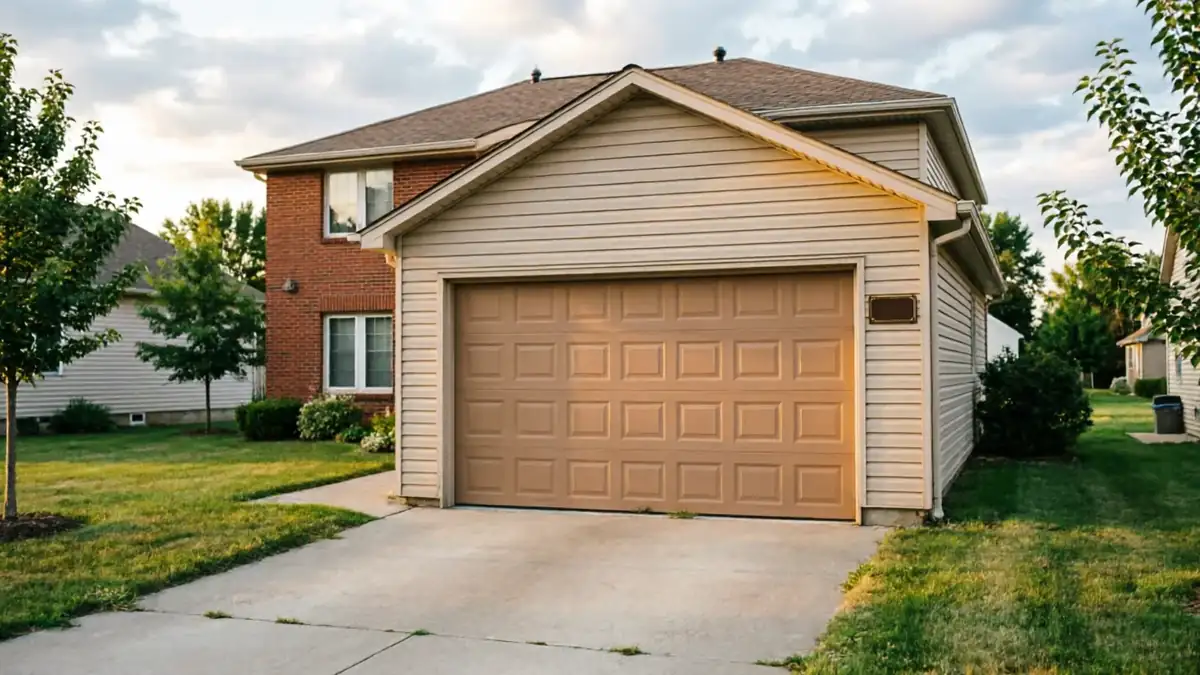 A tan paneled garage door is on a house with tan siding and red brick.
