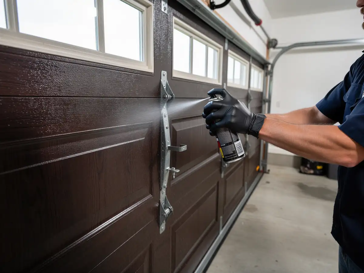 A technician in black gloves sprays lubricant on a brown garage door hinge.