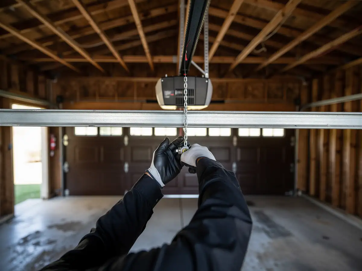 A technician in gloves adjusts a garage door opener chain.