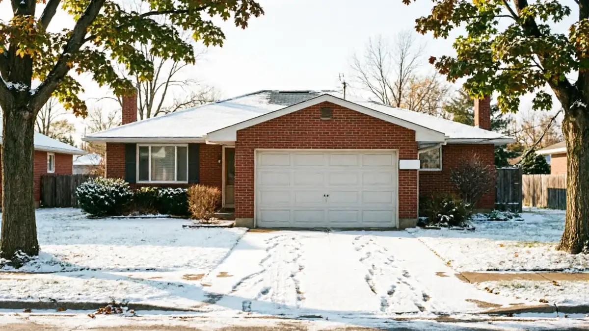 A red brick house with a white garage door and a snow-covered driveway.
