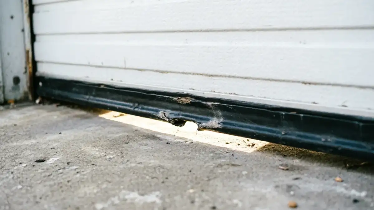 The bottom of a white garage door has a damaged black seal with a hole.