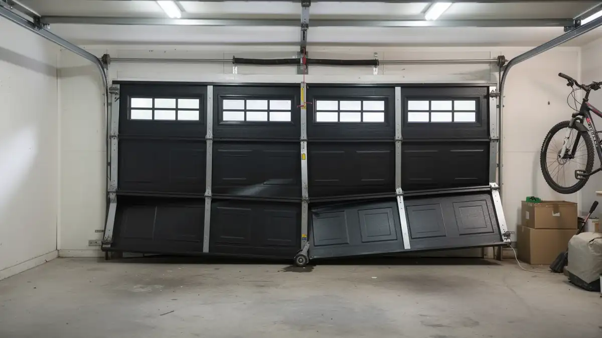 A black garage door with windows is broken and hanging crookedly.