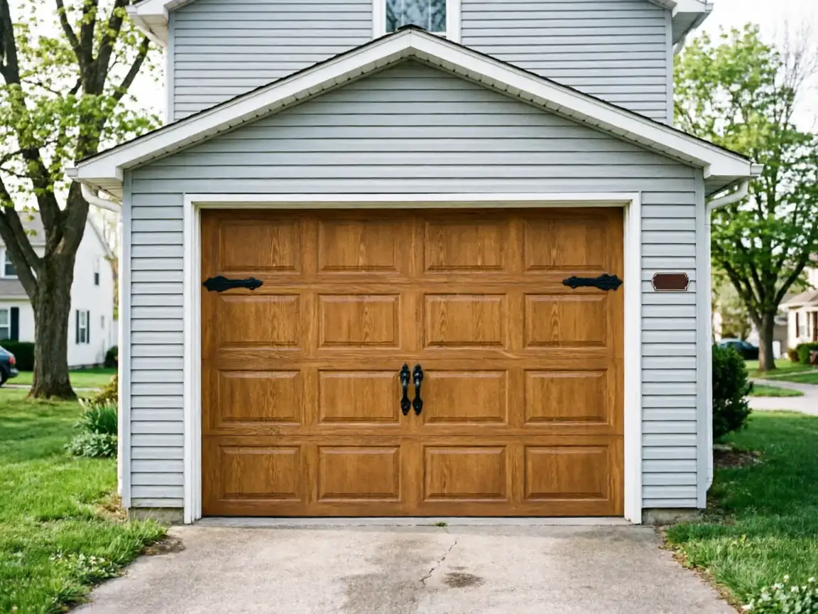 A brown wooden garage door with decorative black hardware on a light blue house.